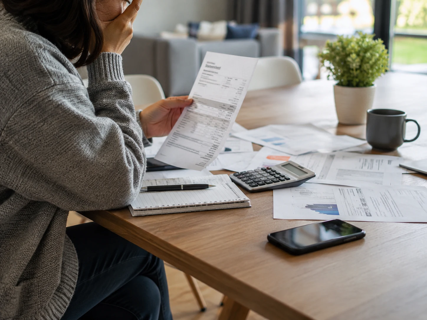 Adulto preocupado com contas e planejamento financeiro
