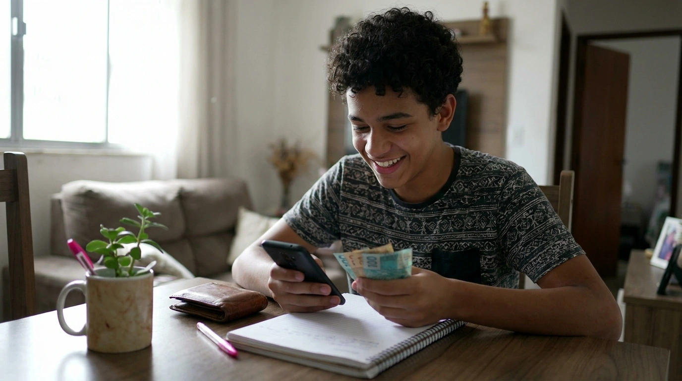 Jovem recebendo o primeiro pagamento