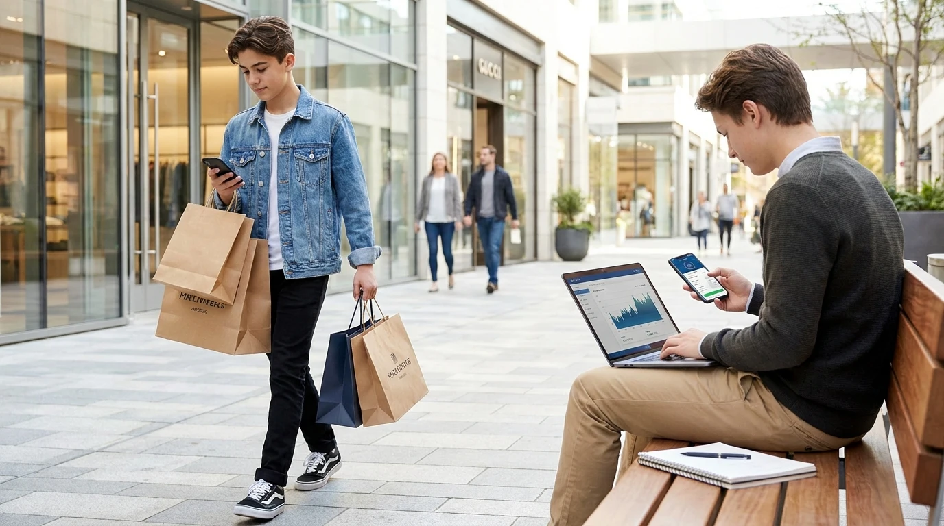 Jovem fazendo compras enquanto outra pessoa investe